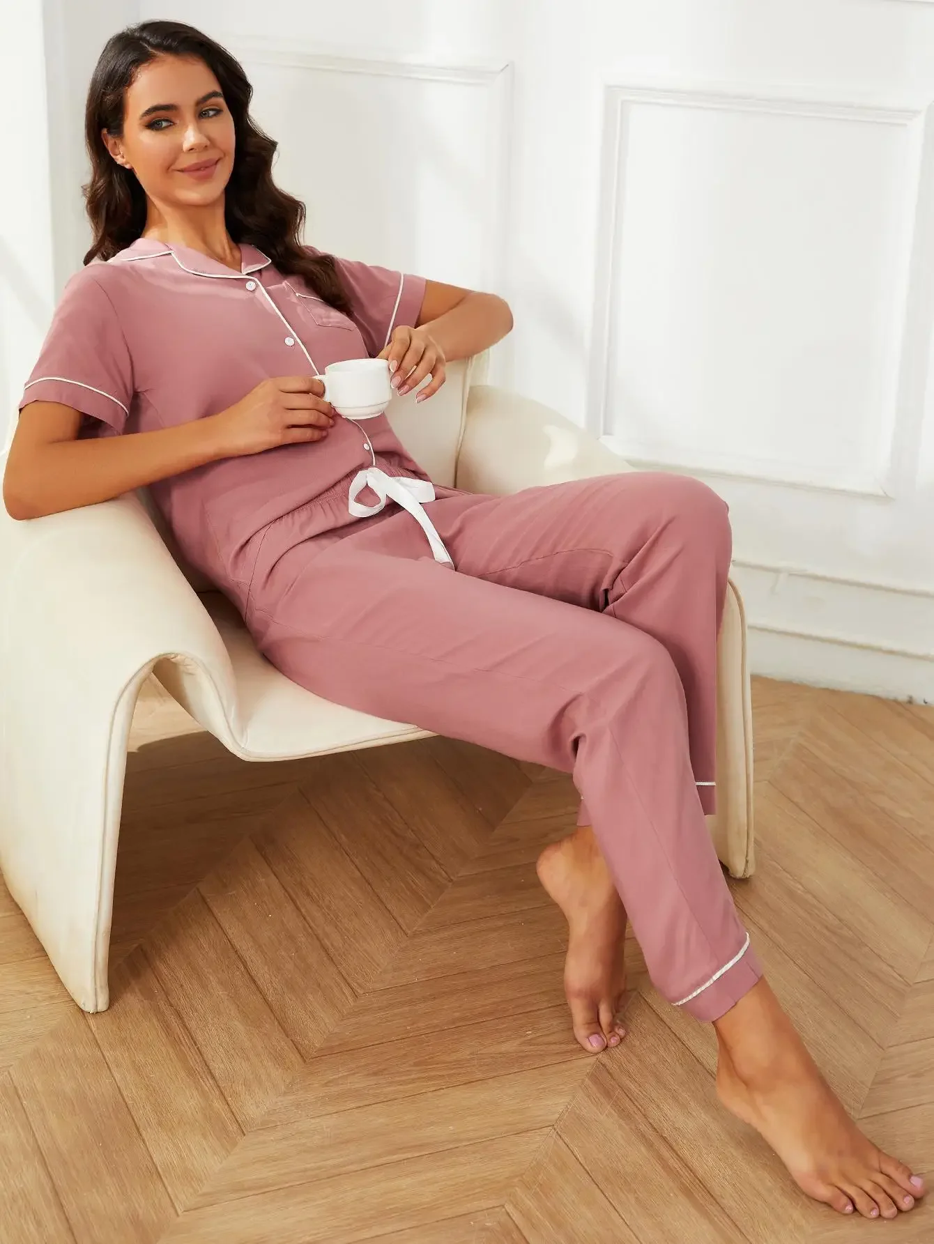 Solid Women\'s Pajamas Set Notched Collar Button Short Sleeves Top Tee&Long Drawstring Pants Female 2 Pieces Sleepwear Nightwear