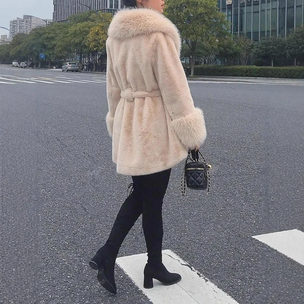 

For Female Elegant Mid Length Lady Aitificial Fur Coat Lace Up Winter Women Eco Fur Jacket Coat Lapel Collar Bow-Knot Fur Coat
