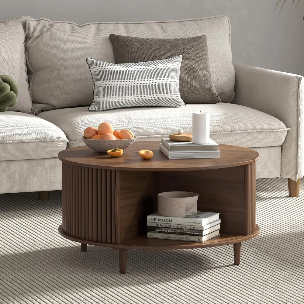 Compact Storage Coffee Table with Sliding Door for Small Living Spaces, 31.5 Diameter Center Table