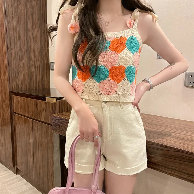 

Summer Candy Love Crocheted Hollow Out Small Sling Vest Women'S Design Sense Niche Short Sleeveless Bottoming Shirt Top