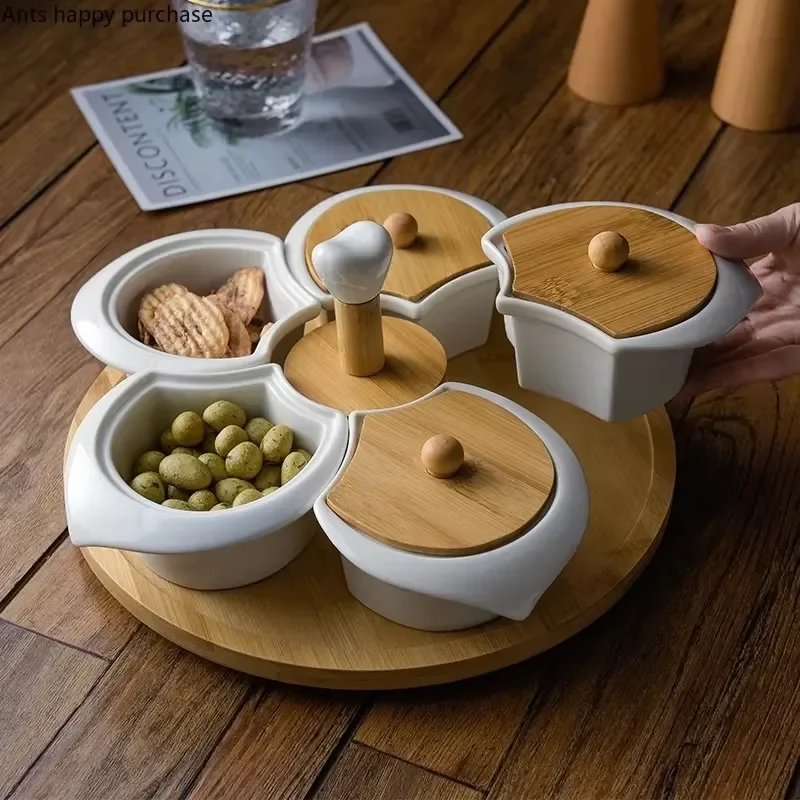 White Ceramic 5-Grid Fruit Plate with Wooden Cover Rotatable Snack Platter Dessert Tray Serving Dish for Home Kitchen Party