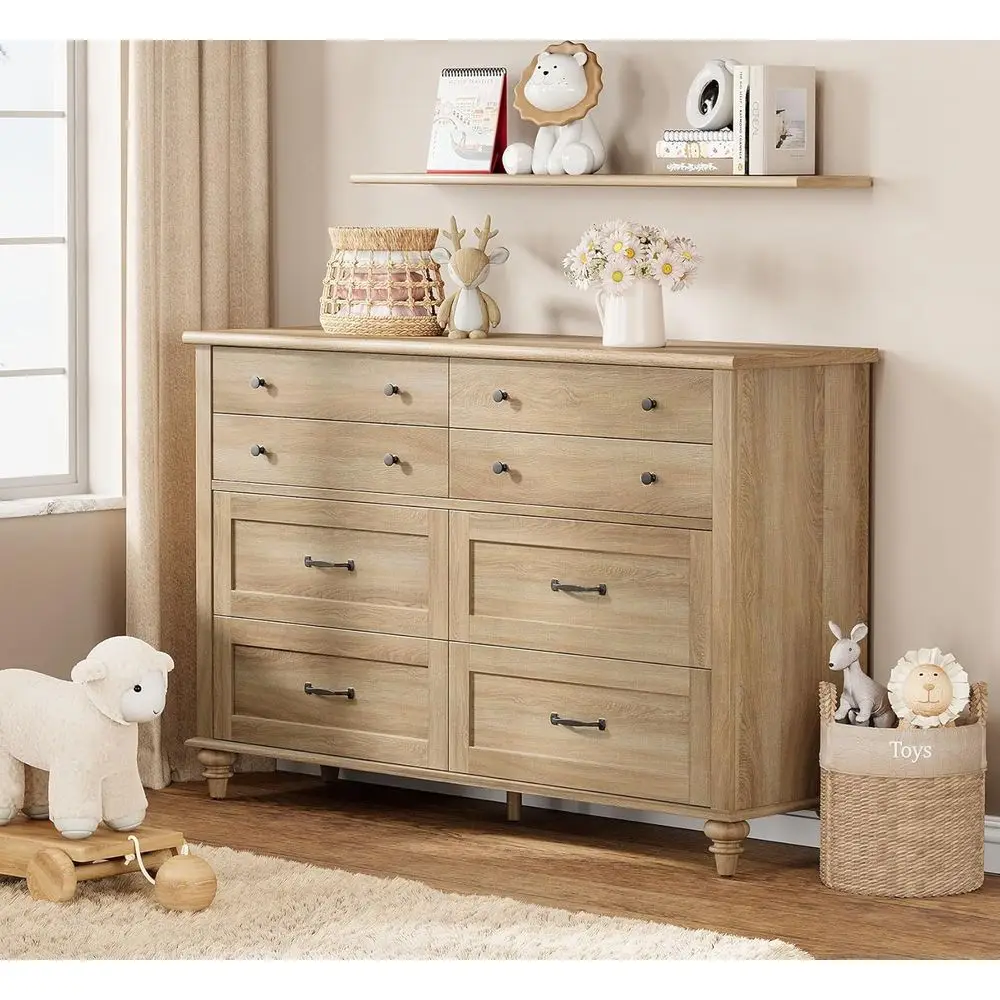 

Oak Double Drawer Wooden Dresser for Kids Room, 54 Inch Wide, Nursery Furniture