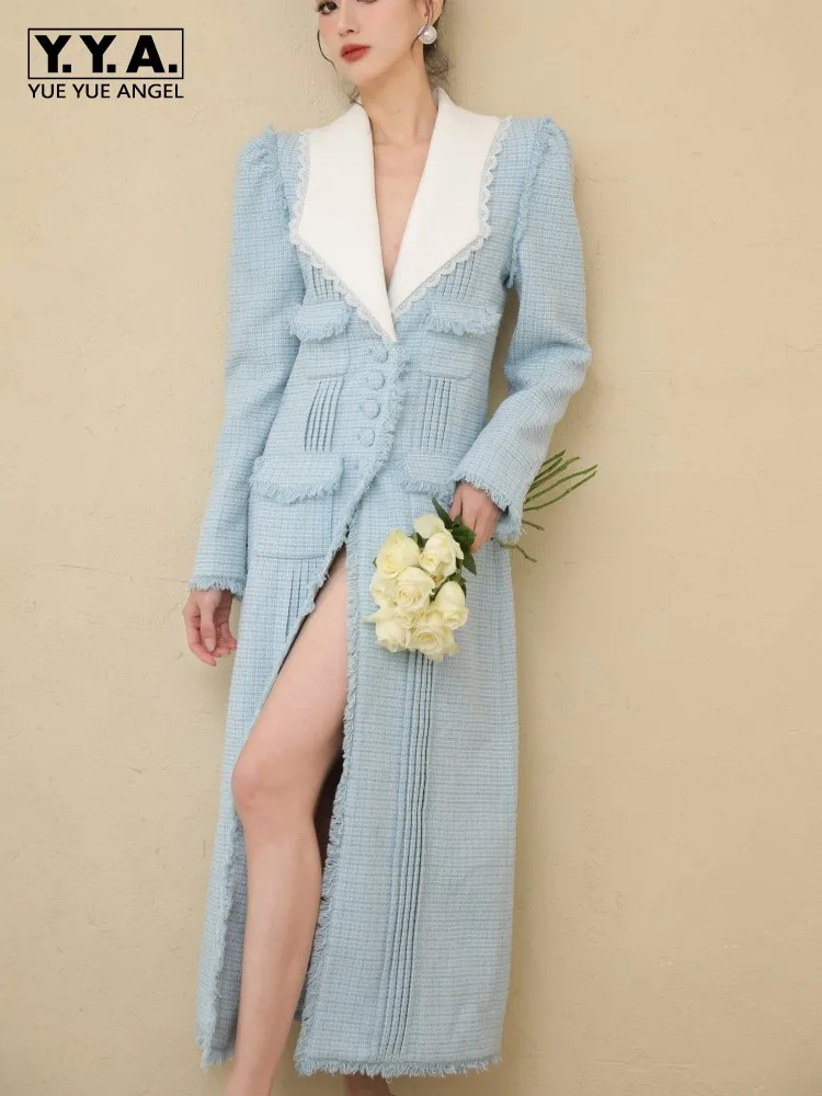 

Дизайнерское элегантное офисное женское облегающее твидовое шерстяное пальто, однобортное плиссированное осеннее пальто, модная женская длинная верхняя одежда