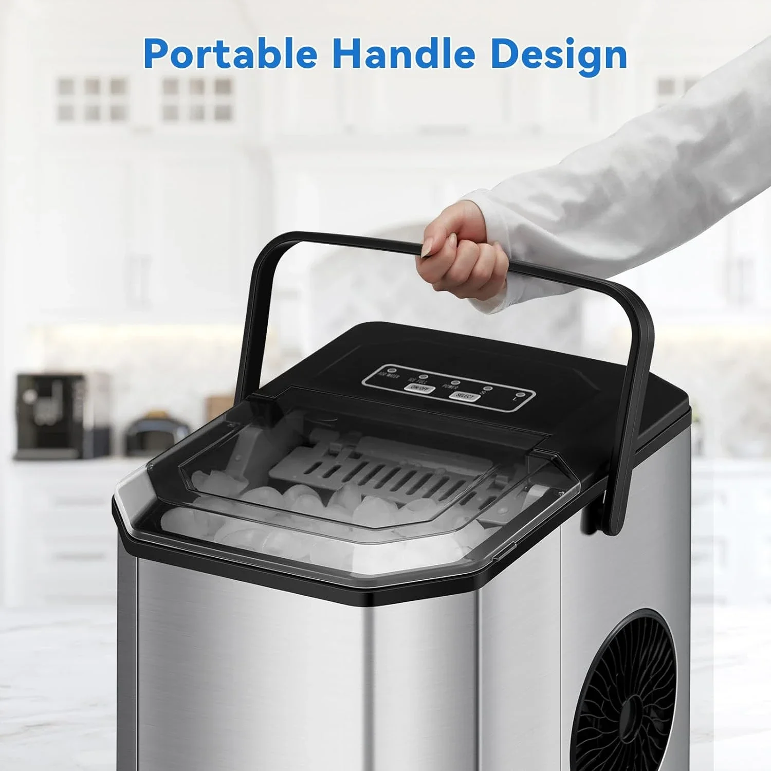 Self-Cleaning Countertop Ice Maker, Pronto em 6 Mins com Ice Scoop e Cesta, 2 Tamanho, 26 lbs, 24 Hrs, 9 Cubos