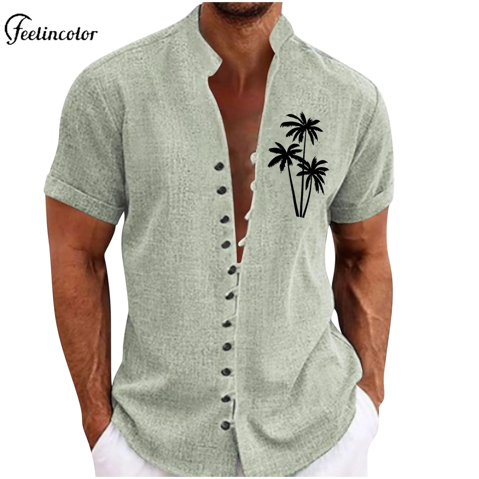 Casual Coconut Tree Print Men's Shirt Stand-up Collar Short Sleeved Tops Summer Holiday Beach Clothing Daily Shopping Streetwear - Image 2