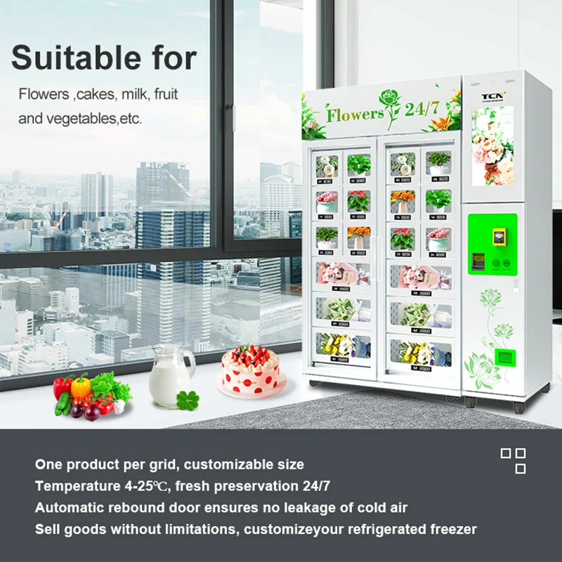 Touch screen scan code to pay for 20 doors of fresh fruits and vegetables milk pastries low temperature refrigerated lattice cab