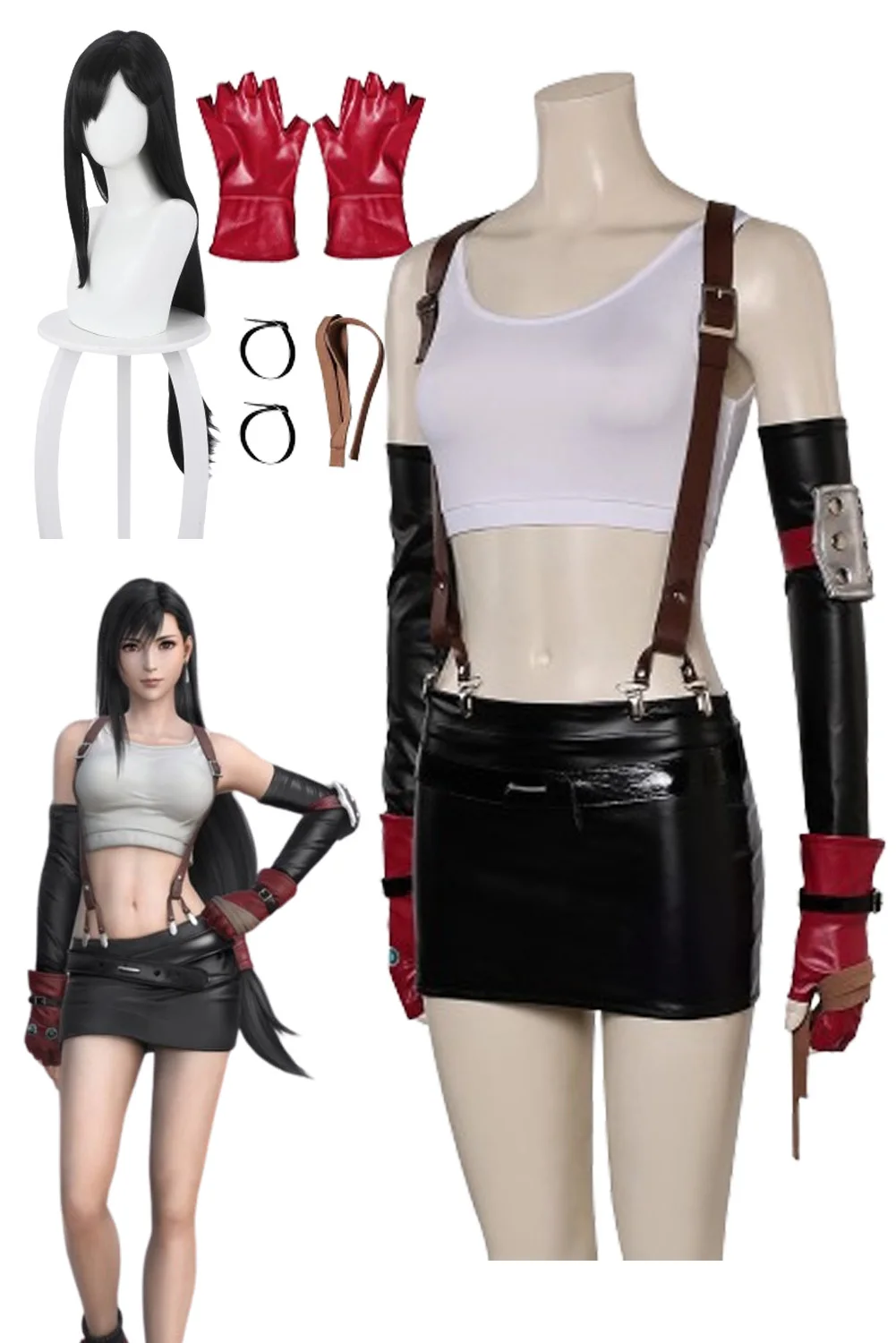 Tifa Lockhart Women Wig Skirt Cosplay Anime Game Final Cosplay Fantasy VII Costume Adult Tops Skirt FF7 Female Halloween Suit