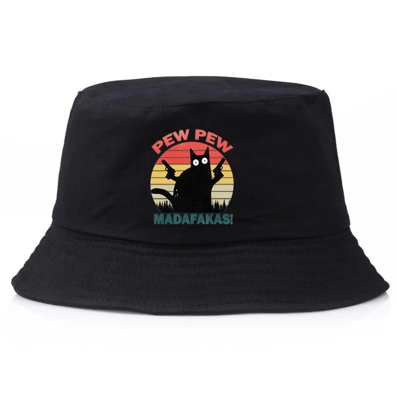 Pew Pew Madafakas Adult Bucket Hats Graphic Double Gun Cat Funny Children Bob Hat Kids Retro Rainbow Outdoor Sun Hat Caps YP206