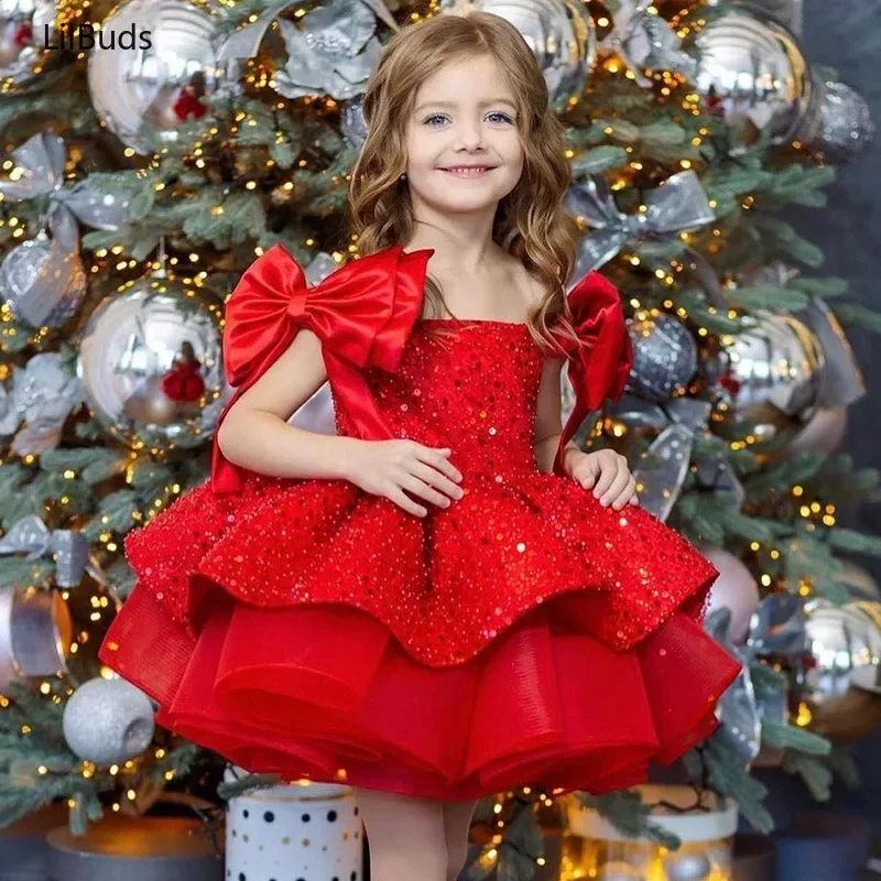 Red Sequins Dress Flower Girl Children Baptism Outfit Kids Birthday Party Tutu Vestidos Matching Elegant Big Bow Frocks Boutique