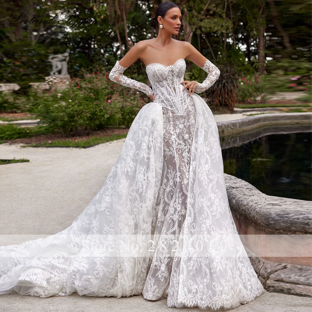 Lceland Poppy Customized 2 Pieces Lace Mermaid Wedding Dresses Strapless See Through Bridal Gowns with Detachable Train