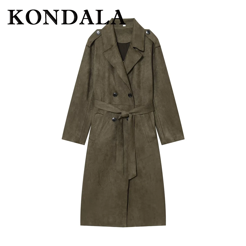 KONDALA Chic 2025 Autumn Army Green Vintage Women Coat Double Breasted Loose Sashes Fall Long Coats Fashion Female Elegant Coat