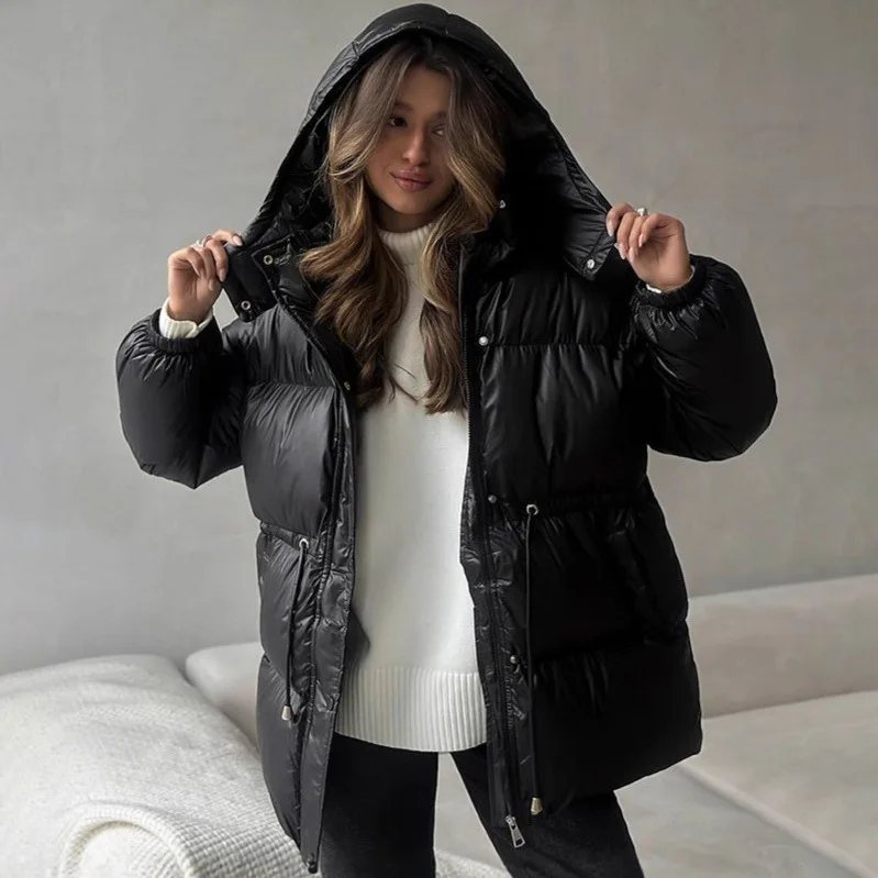

2026 New Black Women Hooded Zipper Thickened Warm Long Cotton Padded Jacket Coat Fashion Comfortable Leisure