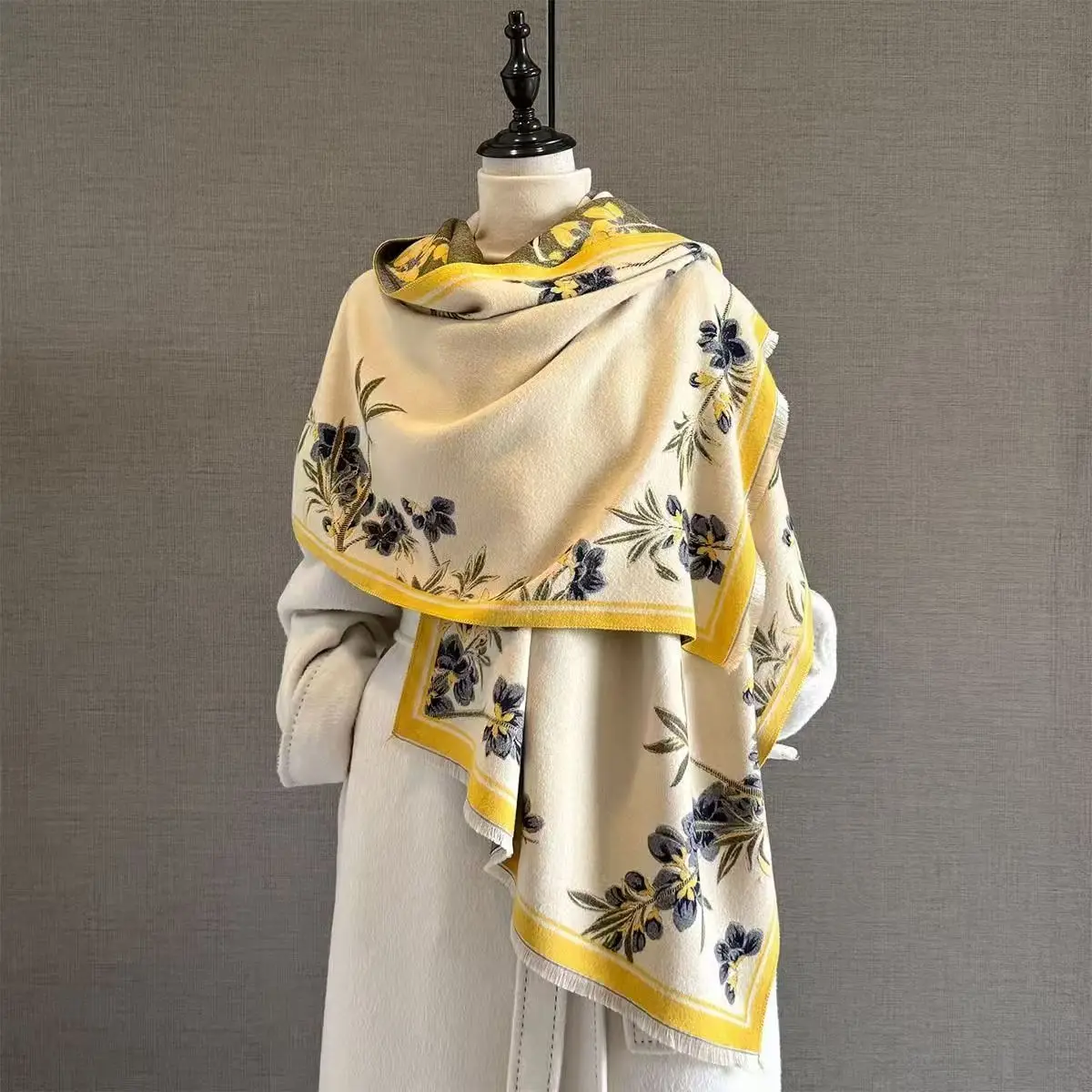 Women Autumn Winter New Faux Cashmere Print Scarf Versatile Dual‑use Double‑sided Air‑condition Shawl Thick Warm Neck Scarf