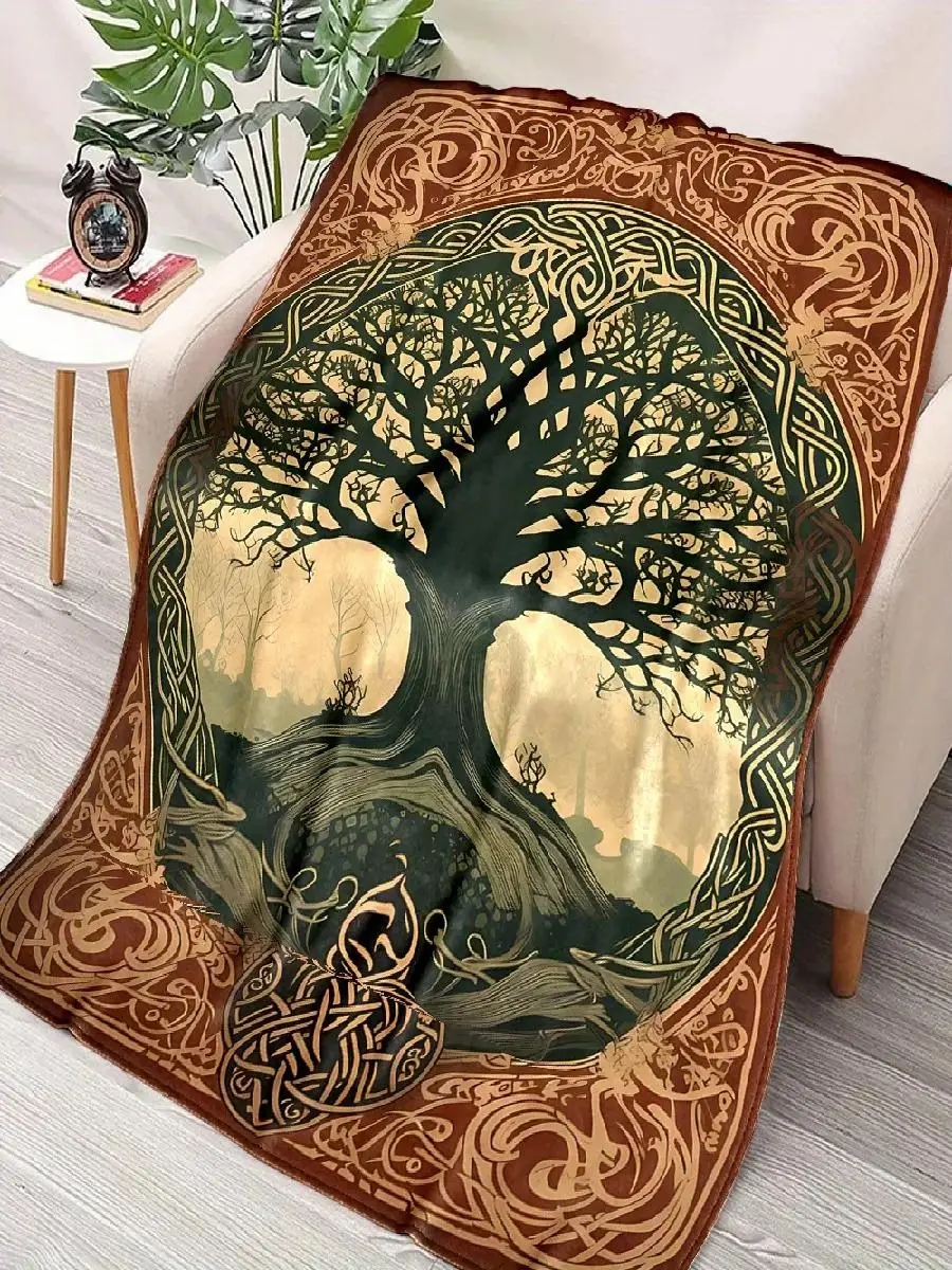 Antique Brown Celtic Knot Yggdrasil Tree Flannel Throw Blanket Soft Fluffy Couch Cover Nordic Home Decor Gift