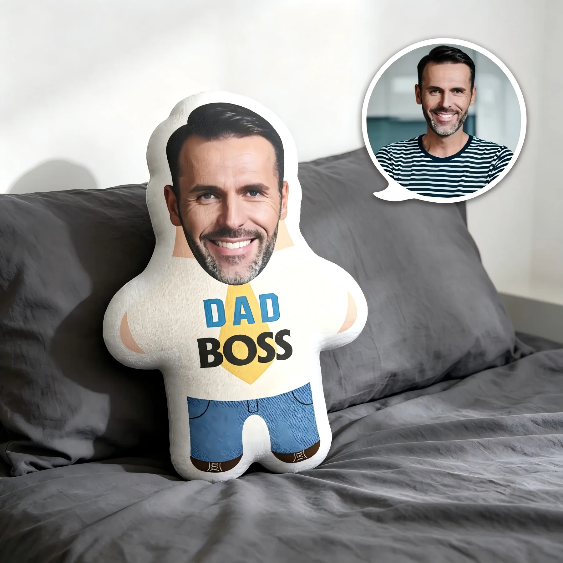 Personalized Photo Pillow For Dad, Double‑Sided Printed Custom Face Human Shaped Stuffed Plush, Keepsake Gift