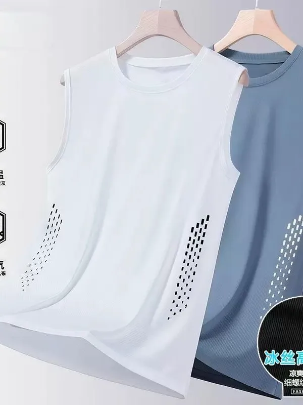 Men's Ice Silk Cool Feeling Vest Sports Breathable Quick Dry Sleeveless Overhead Fitness T-Shirt Standard Fit Polyester Fiber