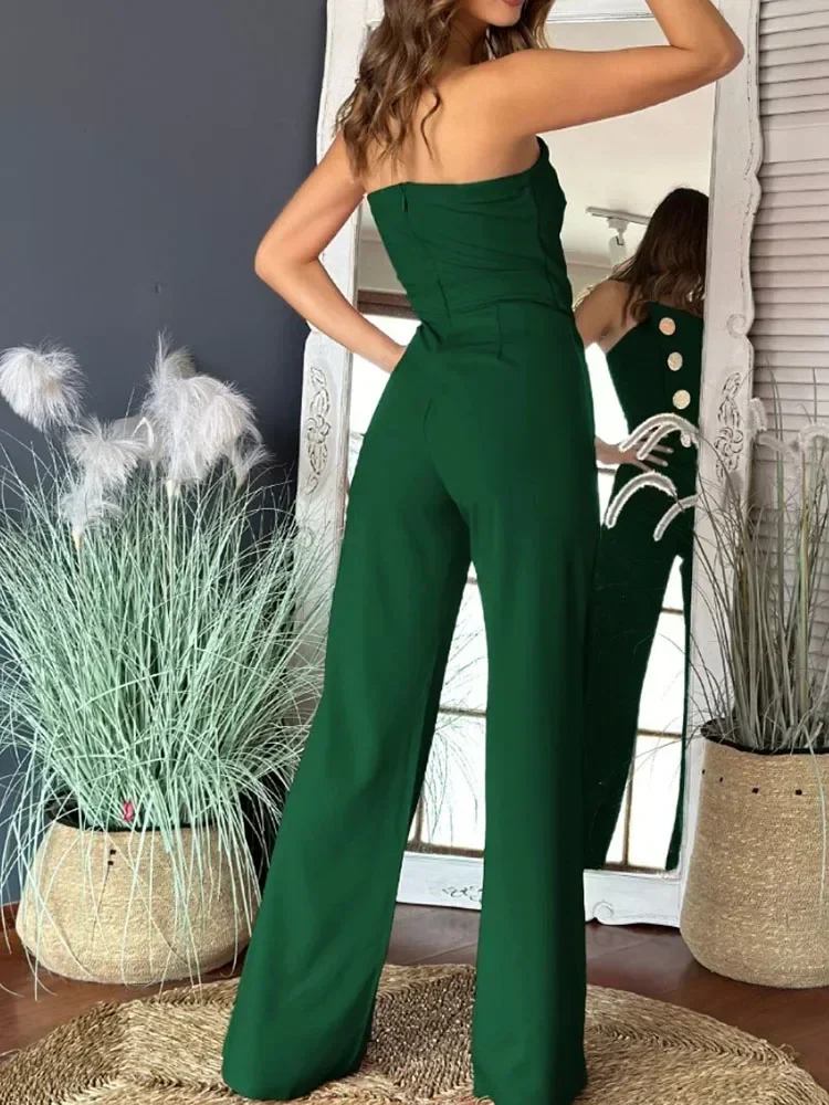 Fashion Women's Romper Jumpsuit Summer New Sexy Backless Tube Top Button Bootcut Long Pants Red Jumpsuits For Women Streetwear