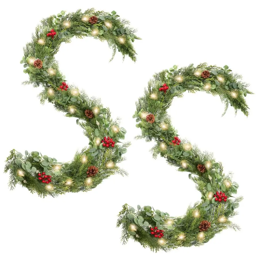 

Рождественская гирлянда 1,8 м, гирлянда из сосны норфолкской с подсветкой, ягодами и шишками, искусственная зелень Real Touch для камина, лестницы