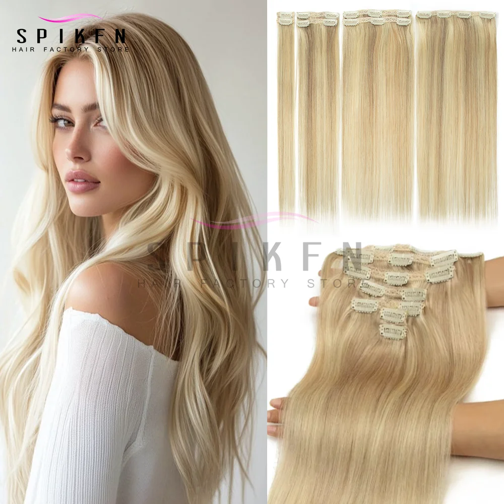 SPIKFN 하이라이트 블론드 클립 인 헤어 익스텐션 인간 모발 16-24인치 클립 인 100% 인간 모발 자연 익스텐션 스트레이트