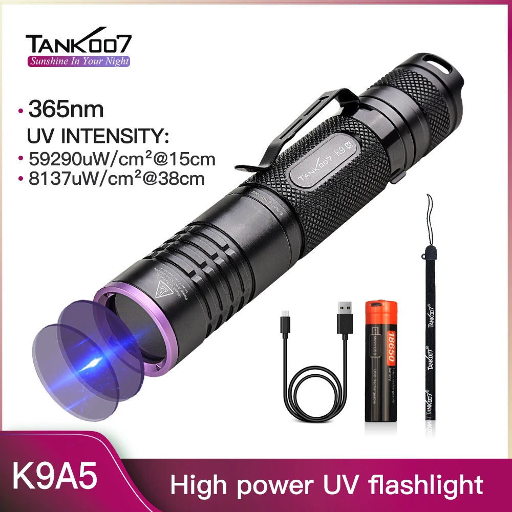 TANK007 K9A5 Portable EDC UV Flashlight High Power LED 365nm Rechargeable Blacklight Pet Urine Detector for Scorpions Finder