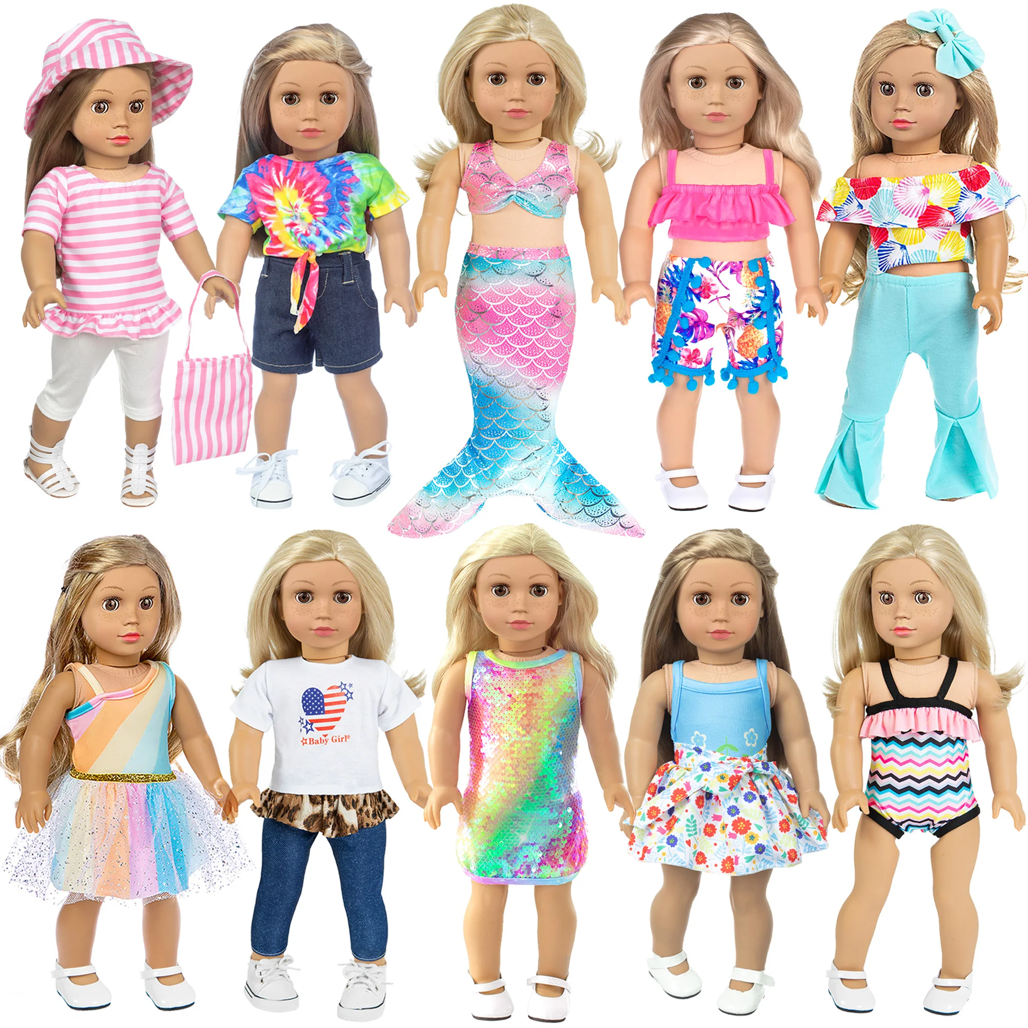 

10 Sets 18 inch Doll Clothes and Accessories inlcude Mermaid Shinning Dress Outfits Bikini Hat Handbag (No Doll)