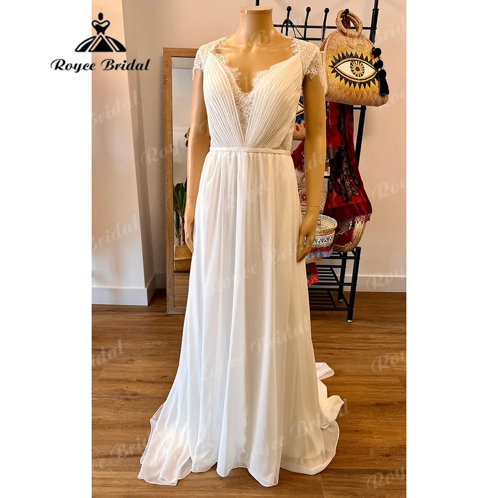 Elegant Flowy Cap Sleeve Chiffon Boho Lace Women Pleats Wedding Dress with V Neck 2024 Bridal Gown Custom Made robe de mariee