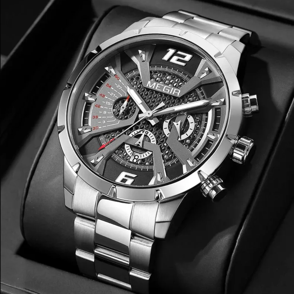 

MEGIR 2221 Men's Stainless Steel Quartz Watch Fashion Large Dial Automatic Date 30M Waterproof Business Watches for Man Reloj