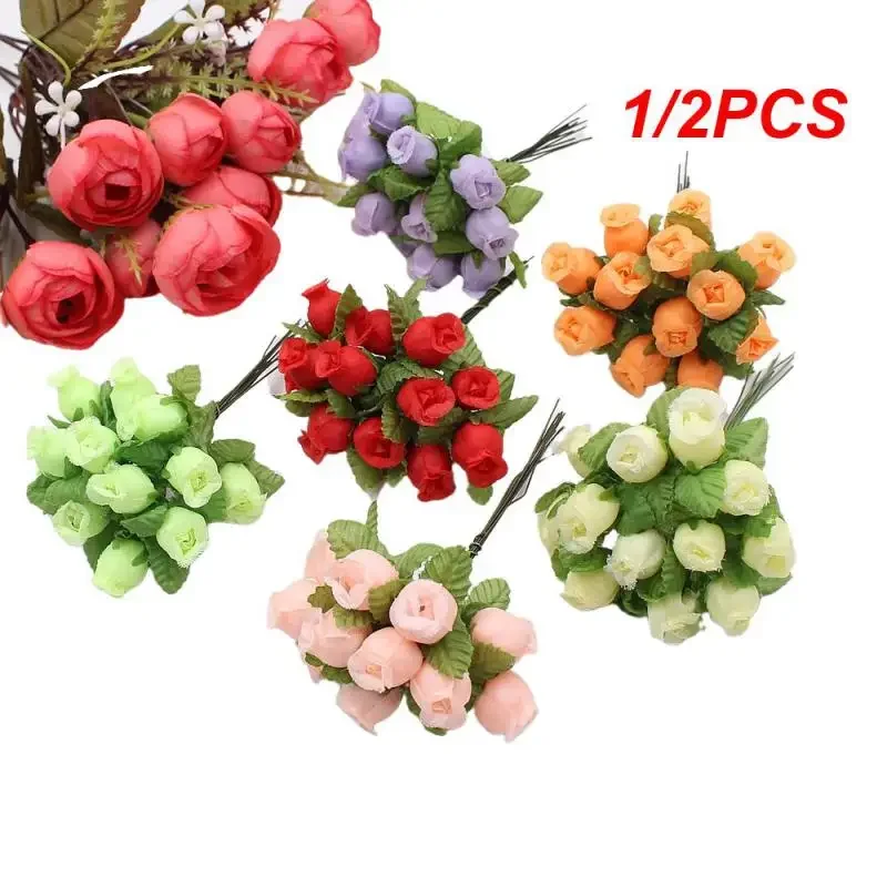 12heads/Bundle Artificial Flowers Silk Rose Mini Bouquet for Christmas Home Wedding New Year Gift Box Decoration Fake