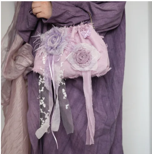 Bolso de Mensajero Lolita Chino Original, con Flores Moradas y Encaje, Decorativo, Estilo Mori, para Fiestas del Té, Uso Diario y Viajes