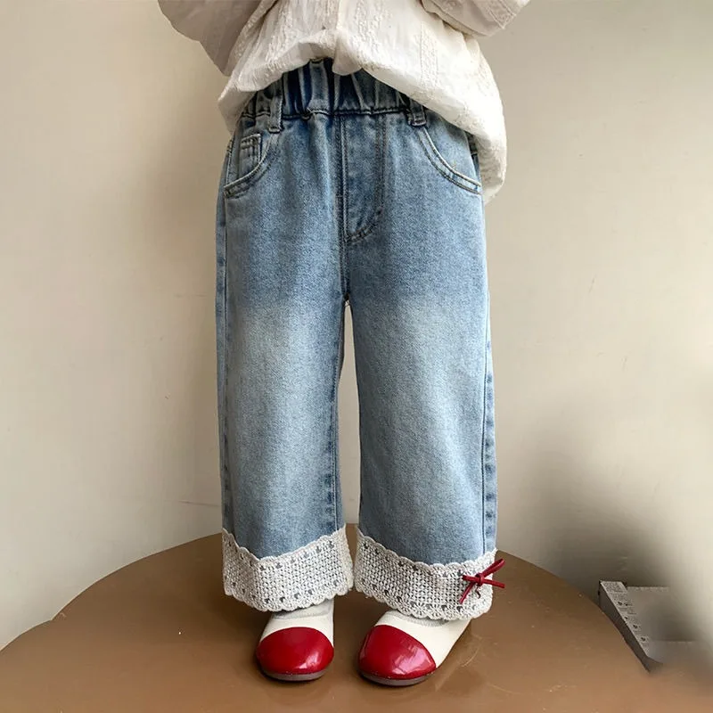 

2025 новых широких джинсов для девочек на весну и осень — стильные детские джинсы с прямыми штанинами для малышей, мягкая хлопковая одежда для игр на открытом воздухе