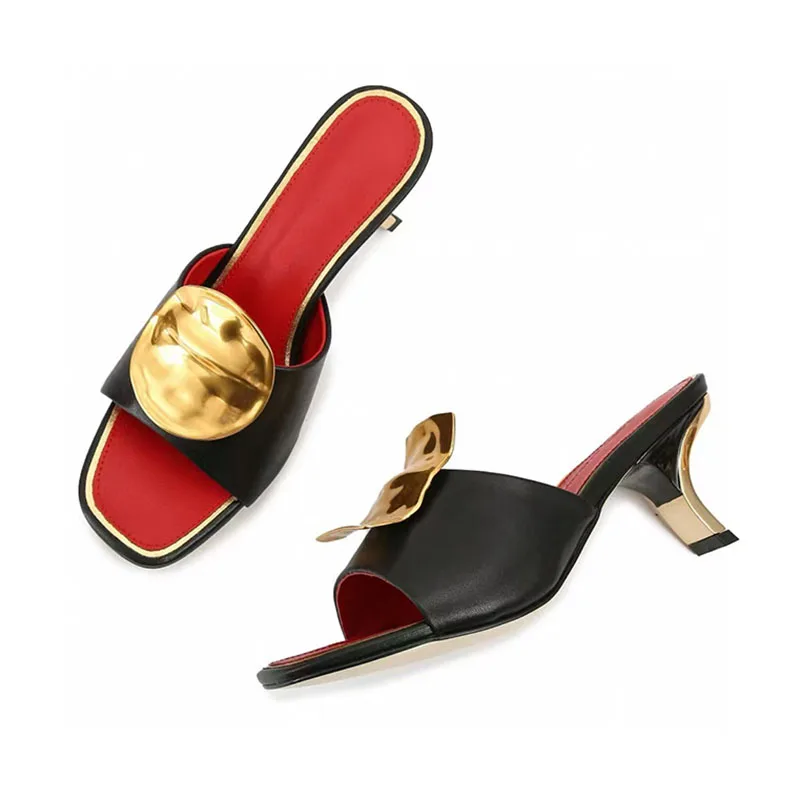 Gold Metal Decor Gladiator Sandals Woman Open Toe Black Green Brown Leather Strange High Heel Shoes Lady Sexy Muller Slippers image 2
