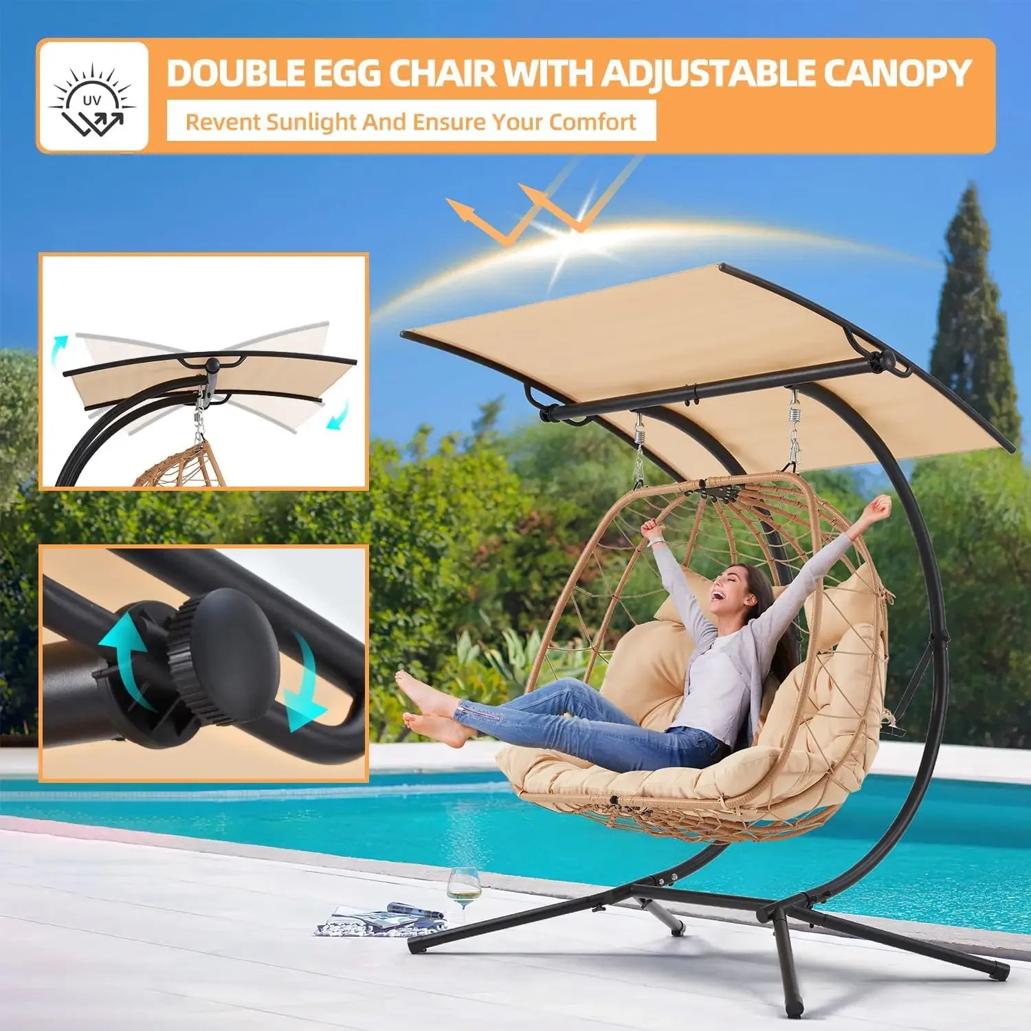 Double Egg Chair with Adjustable Canopy, Oversized Hanging Swing Chair, Cushion Basket Hammock Nest Chair, Outdoor Patio, Garden