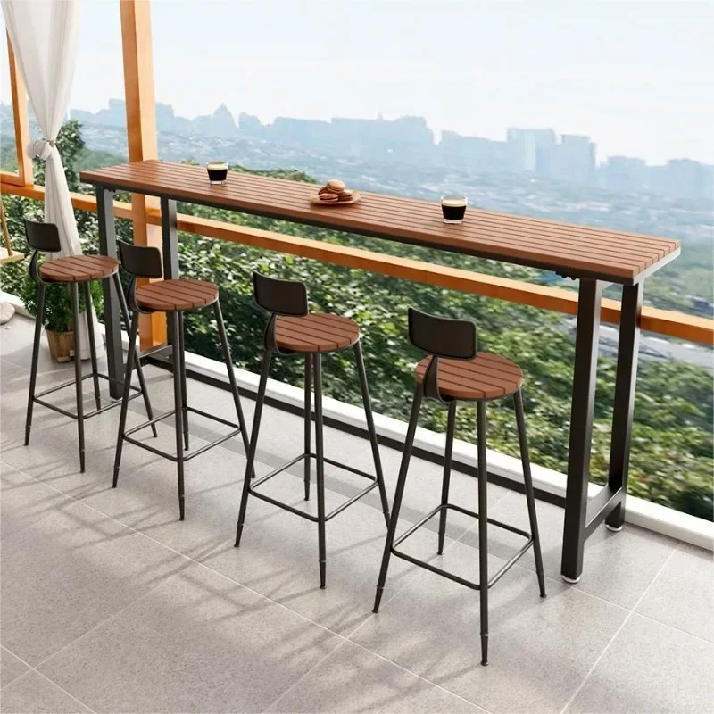 Outdoor wrought iron plastic wood tables and chairs courtyard garden open-air leisure bar set villa balcony against the wall hig