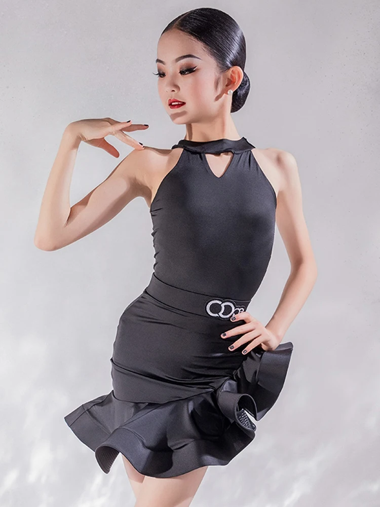 

New Kids Latin Dance Clothes Girls Black Dress Sleeveless Tops Fishbone Skirt Cha Cha Rumba Dance Competition Clothing BL12474