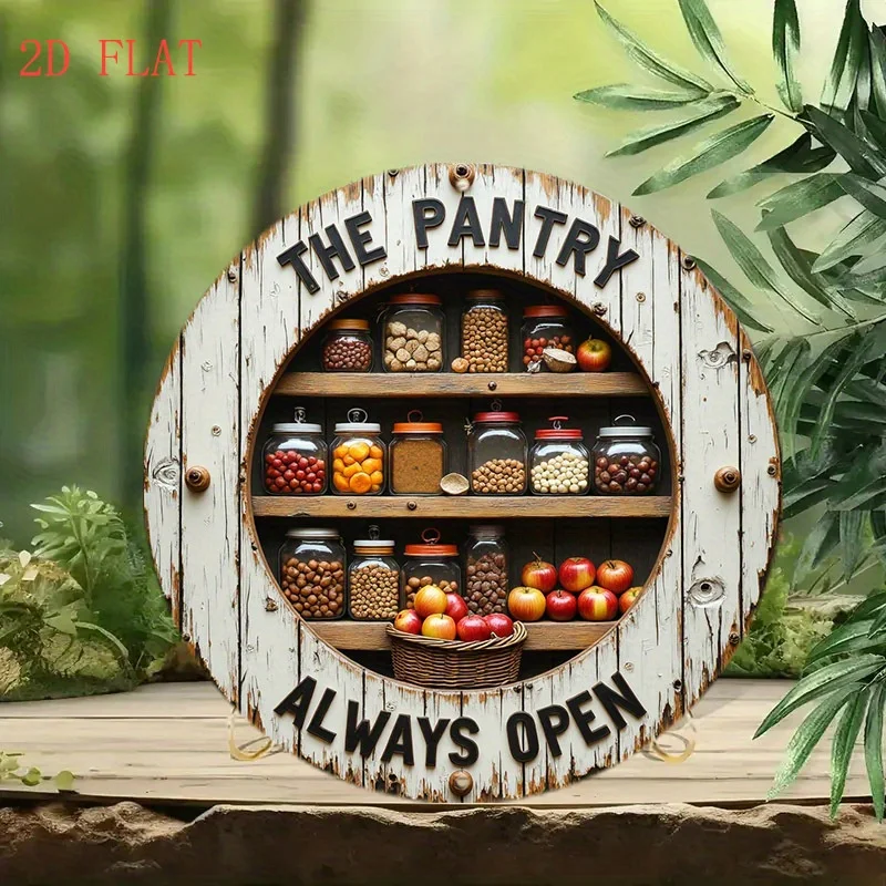 1pc 2D Flat Metal Iron Signage Measuring 8.0 inch in Diameter, Featuring The Design 'The Pantry Always Open'.