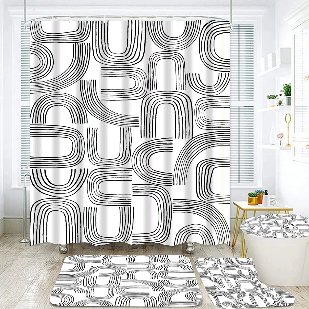 Modern Black White Simple Art Line Print Shower Curtains Bathroom Curtain Set  Anti-skid Rugs Carpet Toilet Cover Bath Mat Set