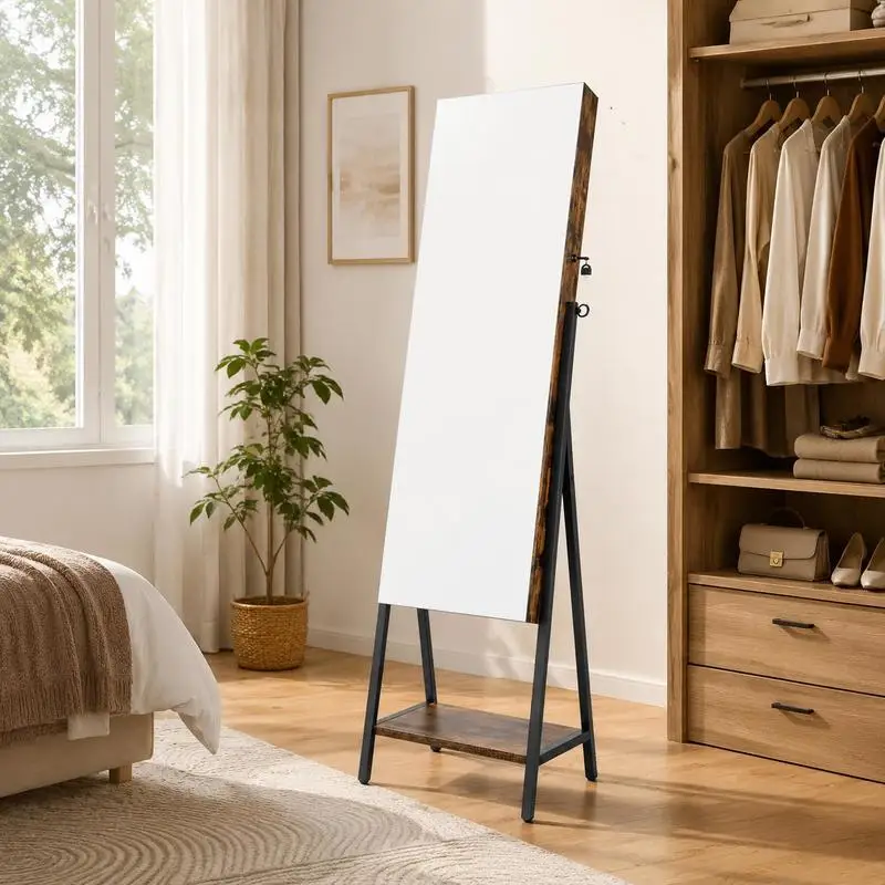 Armoire à bijoux autoportante avec miroir pleine longueur, construction en MDF, doublure en velours multi-compartiments, design verrouillable pour la maison et l'affichage en magasin, marron