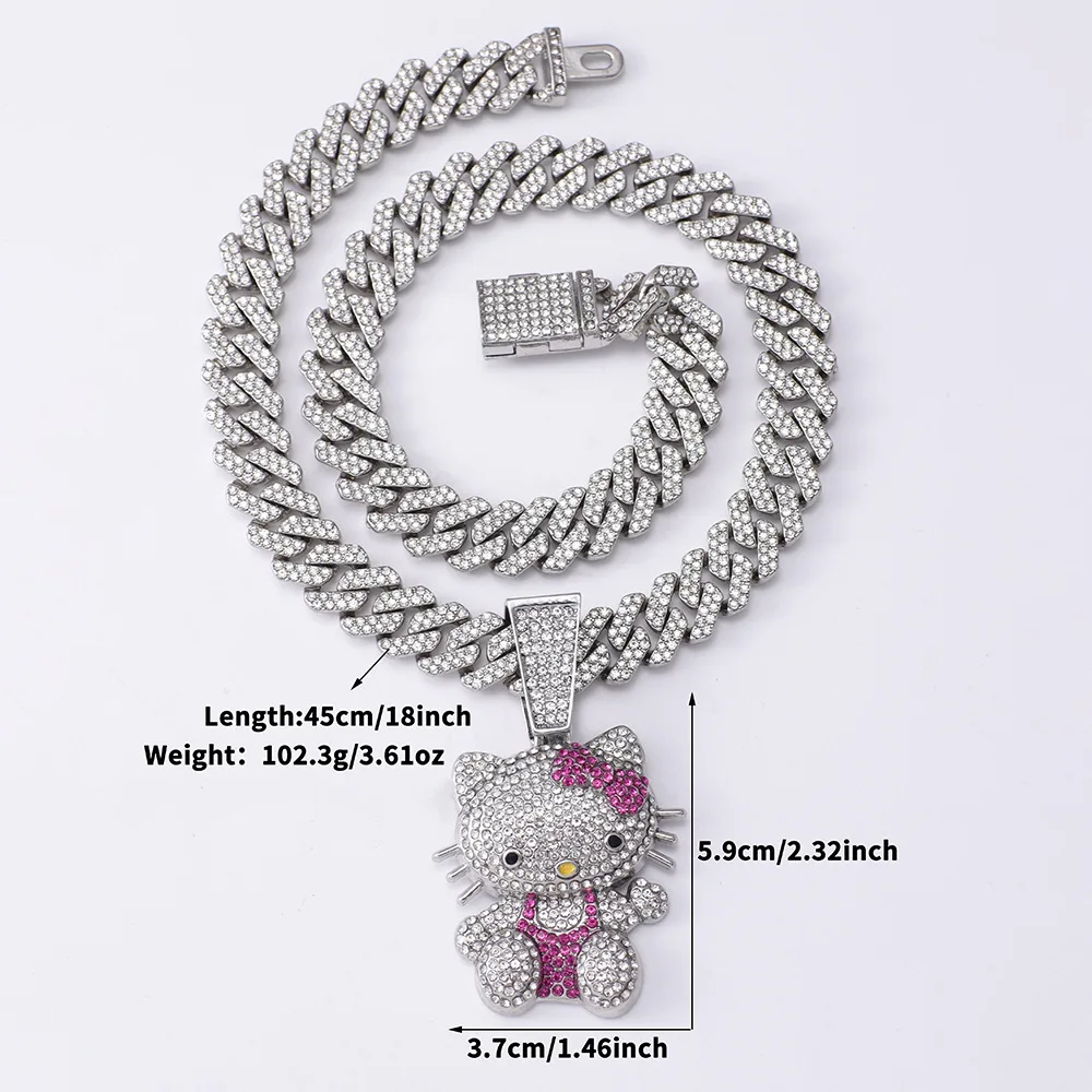 Sanrio HelloKitty Cartoon Zinc Alloy Pendant Hip Hop Fashionista Cuban Chain Necklace Jewelry Accessories Gifts