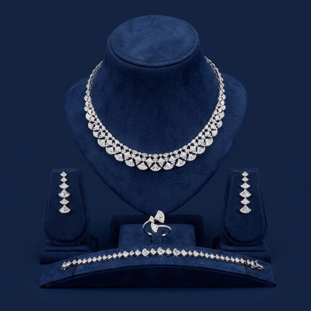 Bride Talk 4PCS Luxury Fan Shaped CZ Zirconia Jewelry Set Dubai African Nigerian Wedding Engagement Banquet Accessories