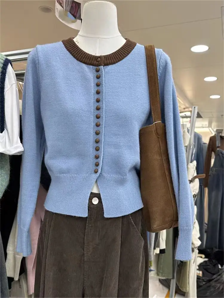 

Retro Blue Patchwork Round Neck Long Sleeved Cardigan Sweater Women Festival Casual Versatile Short Knit Tops 2024 Autumn Winter