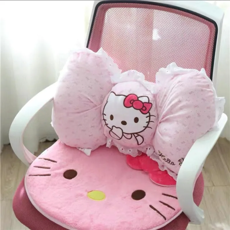 Hello Kitty Cartone animato giapponese e coreano Bella ragazza Cuore Cuscino in lino Cuscino per la vita Sedia per computer Cuscino per sedia per auto