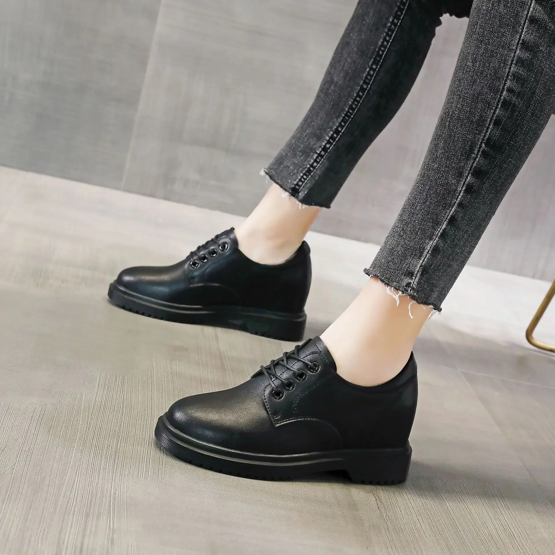 Genuine Leather Womens Single Shoes Spring Autumn Thick Heel Women Leather Shoes Increased Height 7cm Lace up Casual Women Shoe