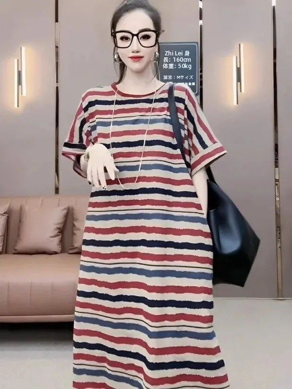 plus Size 300 Pounds Women's T-Shirt Dress  Stripes Knee-Length Loose Maternity Summer Clothing Breathable Soft Fabric