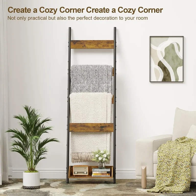 Blanket Ladder, 4-Tier Blanket Rack with Storage Ladder Shelf, Towel Rack Stand for Bathroom