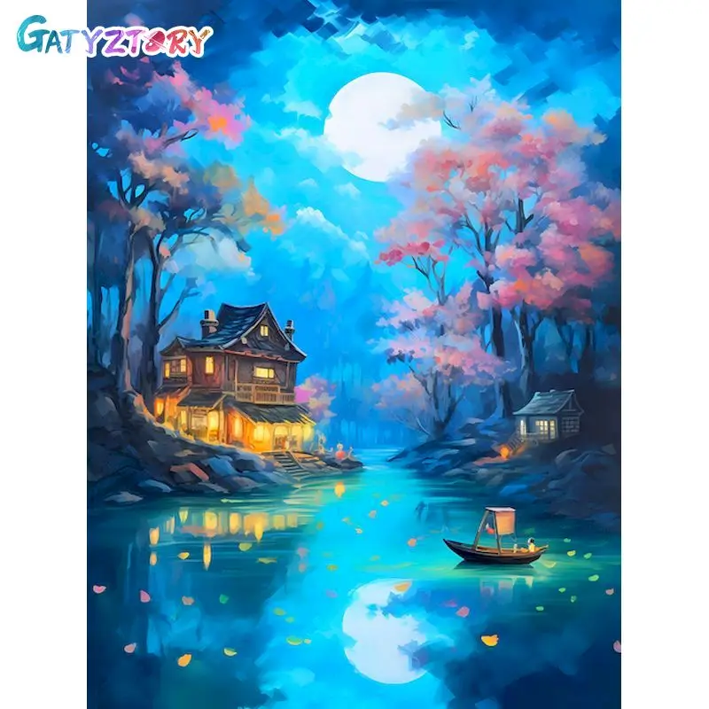 GATYZTORY 5D DIY Diamond Painting Nightscape House Mosaic Rhinestone Sticker Cross Stitch Kits Art Home Decor