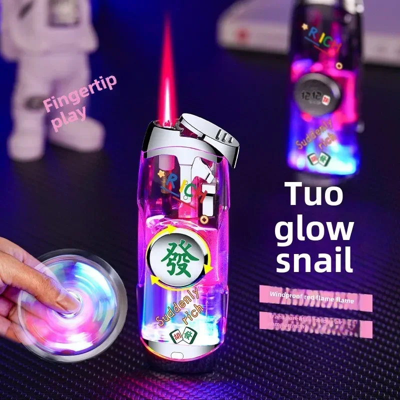 Luminous Trendy Play Cool Decompression Gyroscope Transparent Body Butane Inflatable Windproof Direct Spray Red Flame Lighter