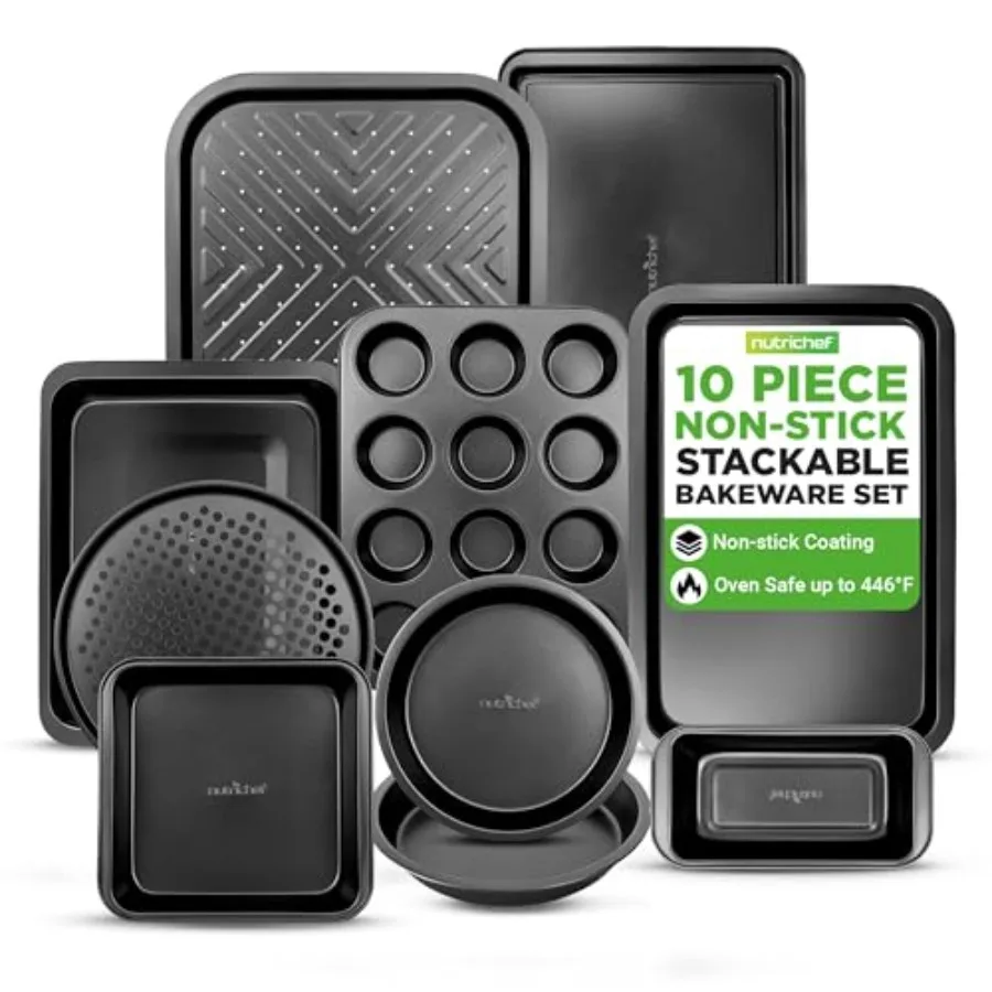 

10-Piece Non-Stick Baking Set Heavy-Duty Carbon Steel Bakeware Set w/ Cookie Sheets, Muffin Pan, Roasting Pan, Cake Pan, Baking