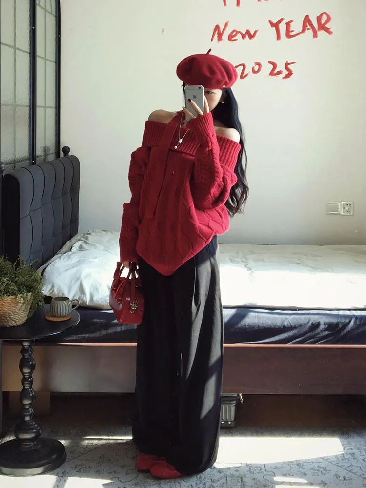 Cisas Neujahr Rot Sa Lose Weiche Damen Strickpullover oulder Bared Lazy Sle Herbst Winter Lässige Rautenmuster...