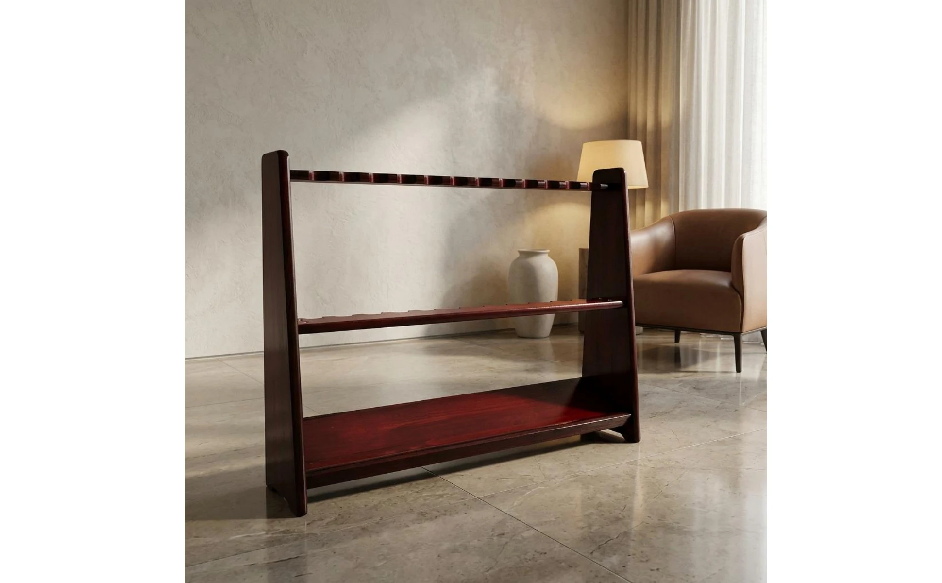 Floor-Standing Cue Rack Freestanding Wood Cue Rack Pool Stick Holder Rounded Corners Game Room Storage Trapezoid Profile
