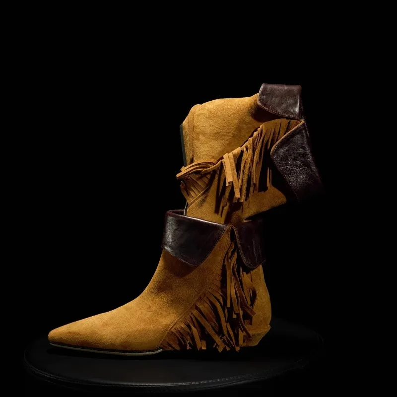 

Handmade Genuine Leather Pointed Toe Pleated Fashion Tassel Western Retro Knight Ankle Boots Women's Shoes High Heels Female